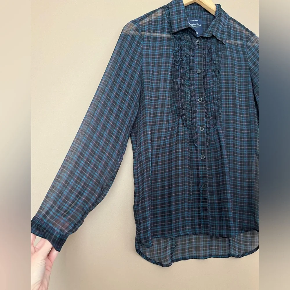 {American Eagle} Plaid Semi-Sheer Button Down Shirt with Ruffle Trim - Medium - Picture 4 of 9